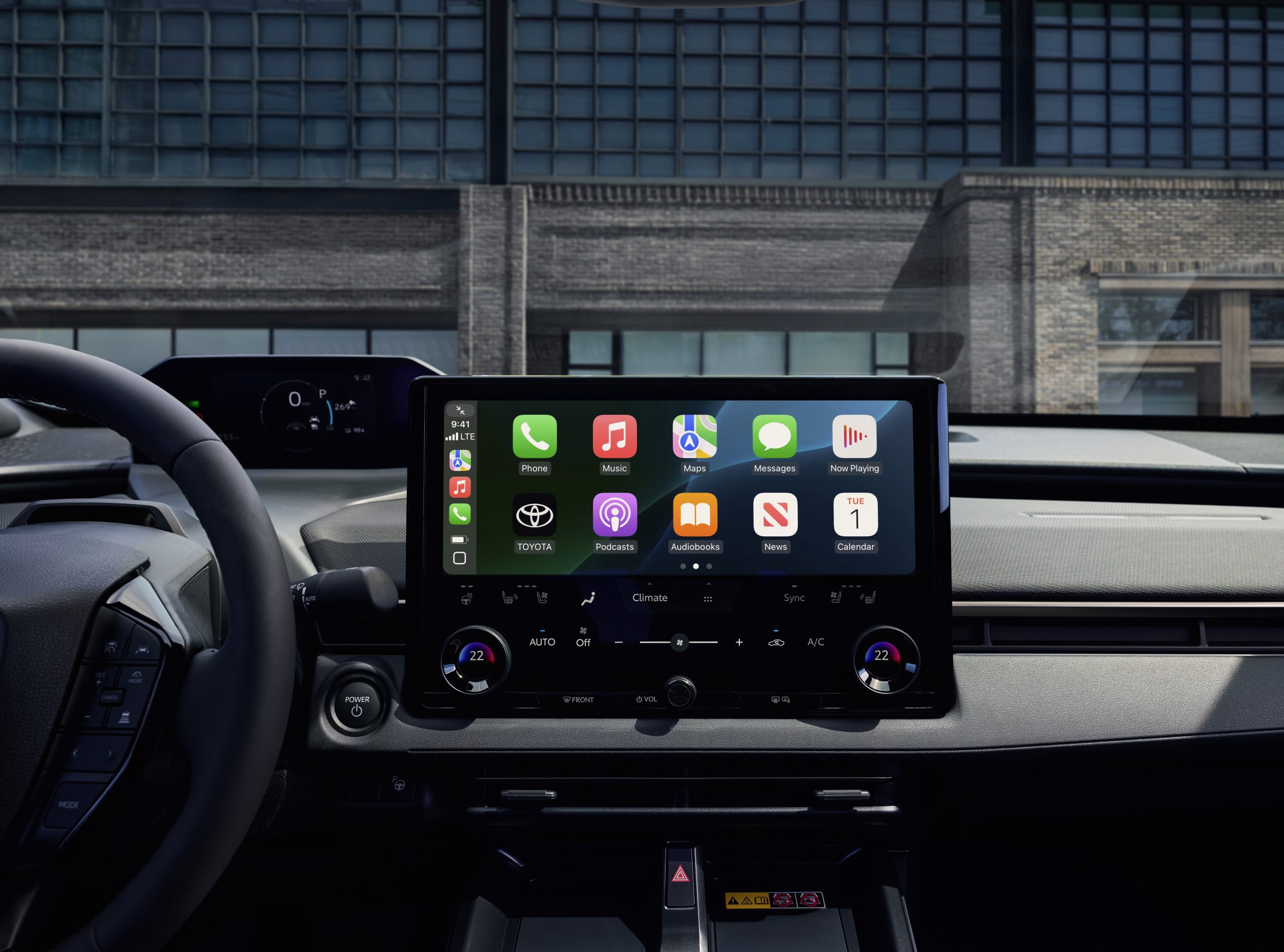 Interior of the 2026 Toyota bZ showcasing the central touchscreen display with Apple CarPlay integration.