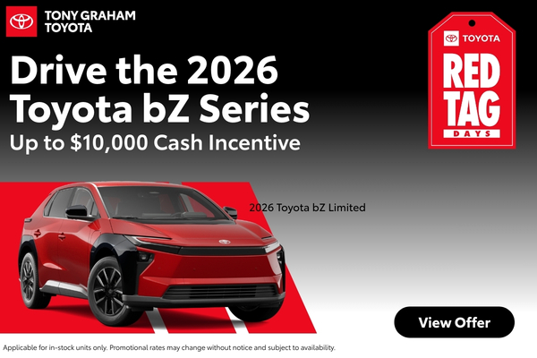2026 Toyota bZ Limited incentive offer Tony Graham Toyota 2026 Toyota bZ Limited electric SUV with $10,000 incentive and rates starting at 0.99% at Tony Graham Toyota