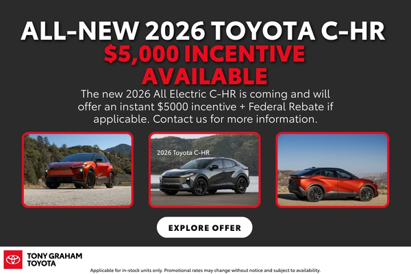 2026 Toyota C-HR EV incentive offer Tony Graham Toyota 2026 Toyota C-HR electric SUV with $5,000 incentive available at Tony Graham Toyota during Red Tag Days