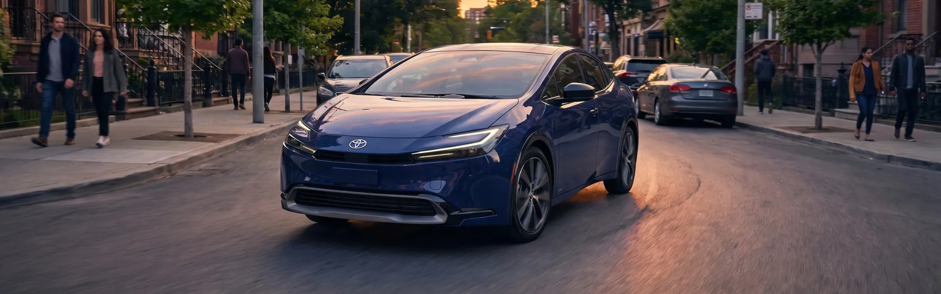 Blue Toyota Prius driving through a city street at sunset