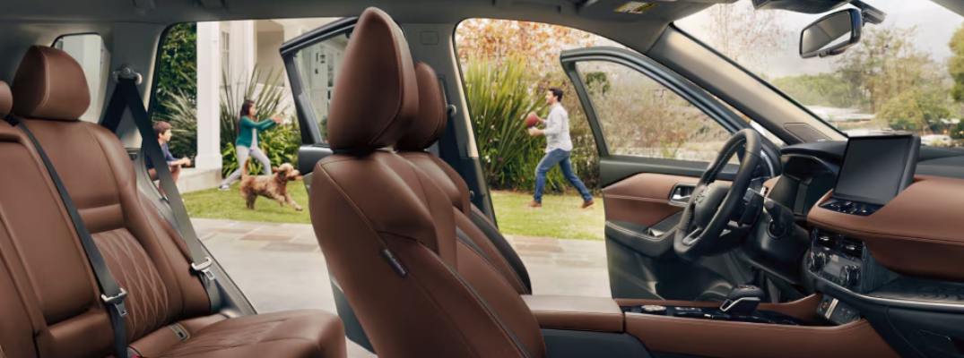 2026 Nissan Rogue interior with brown leather seats