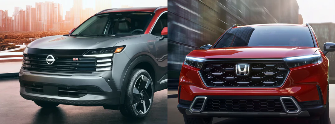 2026 Nissan Kicks parked in a showroom and the 2026 Honda CR-V driving around town