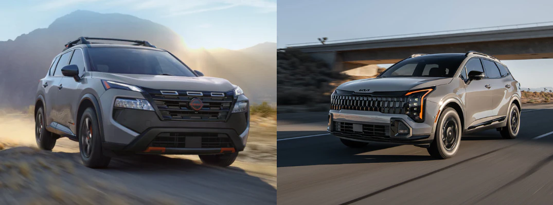 2026 Nissan Rogue driving on a desert road and the 2026 Kia Sportage driving on the highway