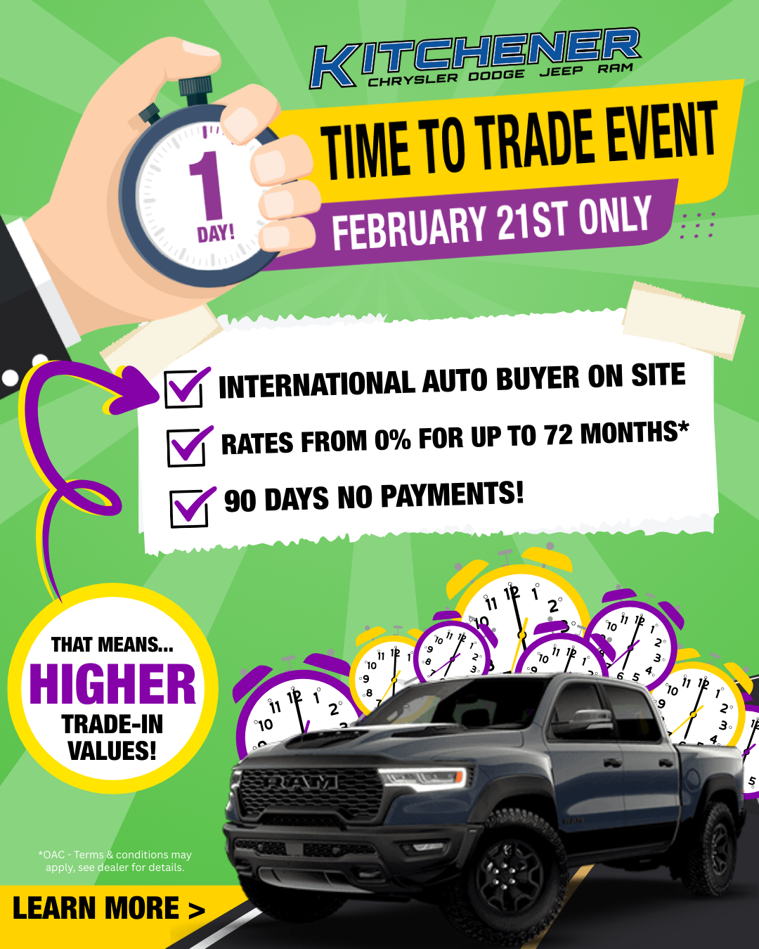 image of Finch Chryslers Time to Trade Event with no payments for 90 days and 0% financing with a green background and an image of a Ram 1500