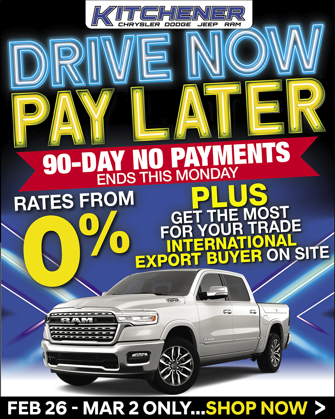 image of Kitchenerh Chryslers Drive now Pay later Event with rates from 0 % and get the most for your trade plus international export buyer on site