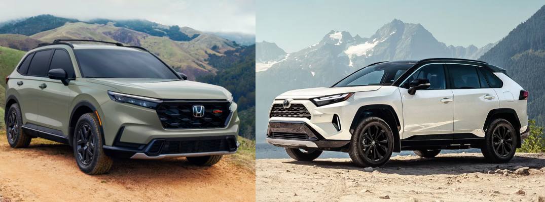 2025 Honda CR-V on the left side of the image and 2025 Toyota RAV4 on the right side.
