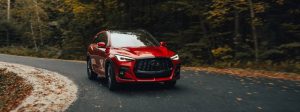 2025 INFINITI QX50 driving on road with leaves falling around it.