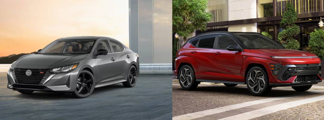 Image of 2025 Nissan Sentra next to image of 2025 Hyundai Kona