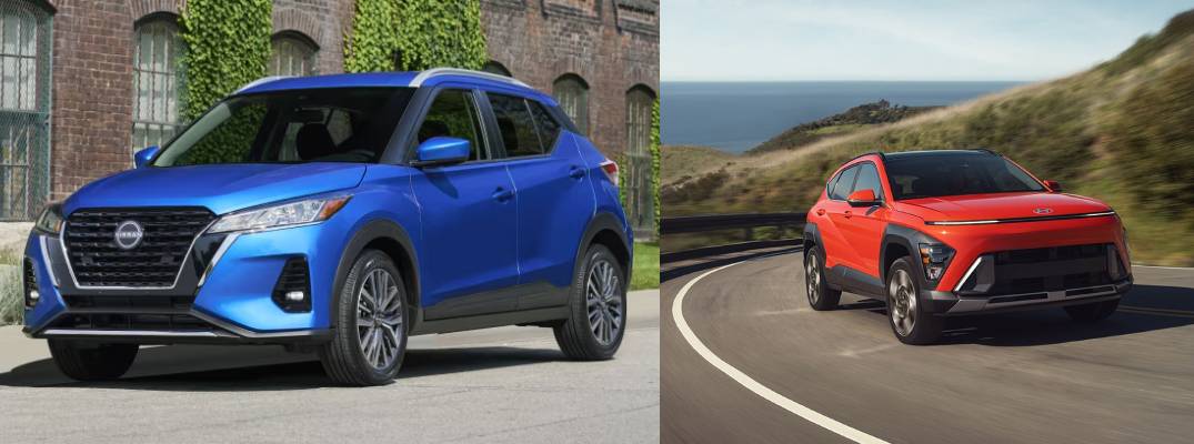 Image of 2025 Nissan Kicks Play next to image of 2025 Hyundai Kona