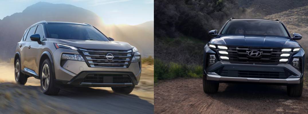Image of 2025 Nissan Rogue next to image of 2025 Hyundai Tucson