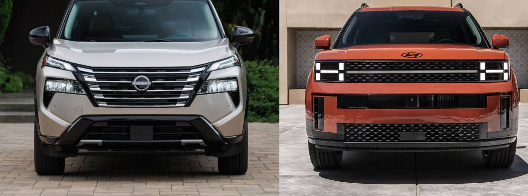 Image of 2025 Nissan Rogue next to image of 2025 Hyundai Santa Fe